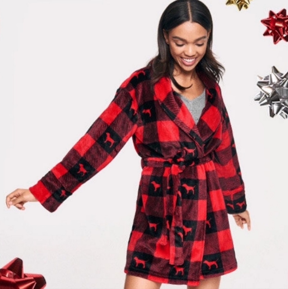 PINK Victoria Secret Plaid Robe‎ Red/Black SzM/L  Loungewear Valentines Day
